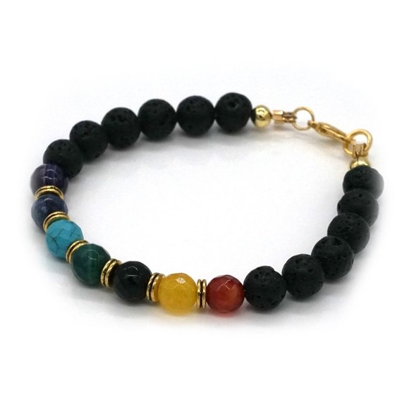 Bracelet Chakra Colors Lobster Clasp Black Lava Rock. - Picture 1 of 2